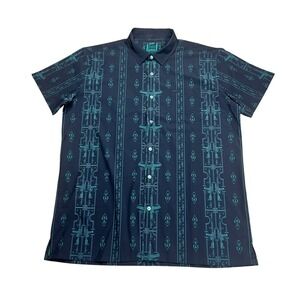 Retro Rifle Boogeyman Mens Large Black Teal Gun Print Short Sleeve Button Down